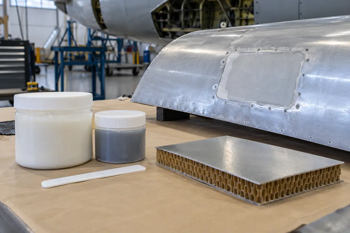 Unbranded two-part adhesive kit beside a honeycomb panel and aircraft skin sample in a hangar