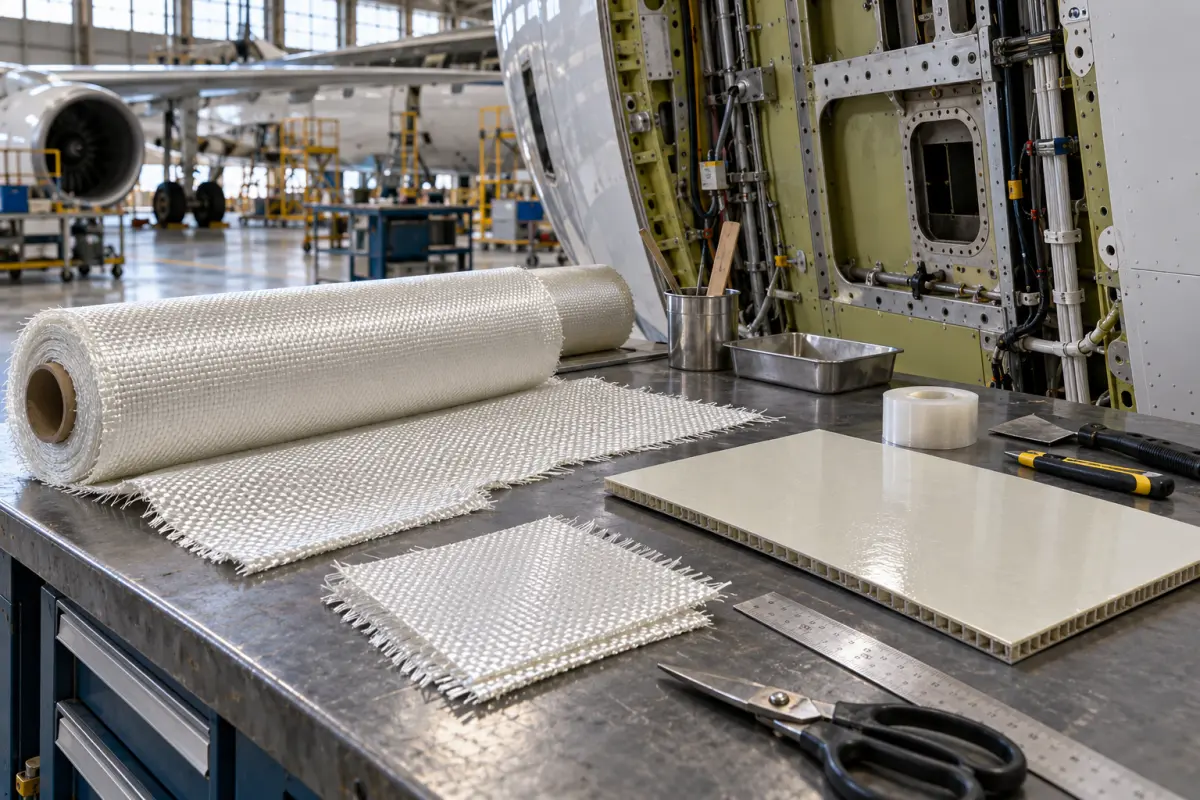 Woven fiberglass fabric and composite panel sample on an aircraft hangar workbench