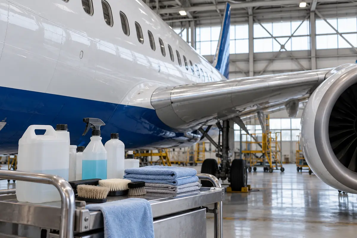 Aircraft fuselage in a maintenance hangar with exterior cleaning supplies on a work cart
