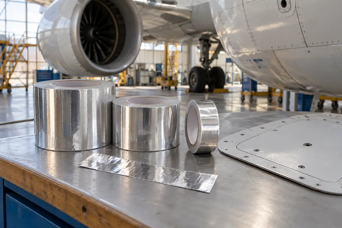 Aluminum foil tape rolls of different widths on an aircraft maintenance workbench