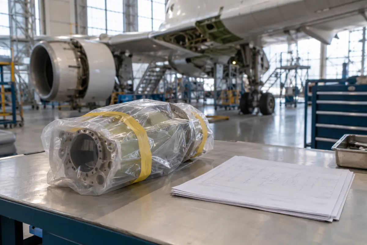 Aircraft component package and purchasing paperwork on a hangar workbench