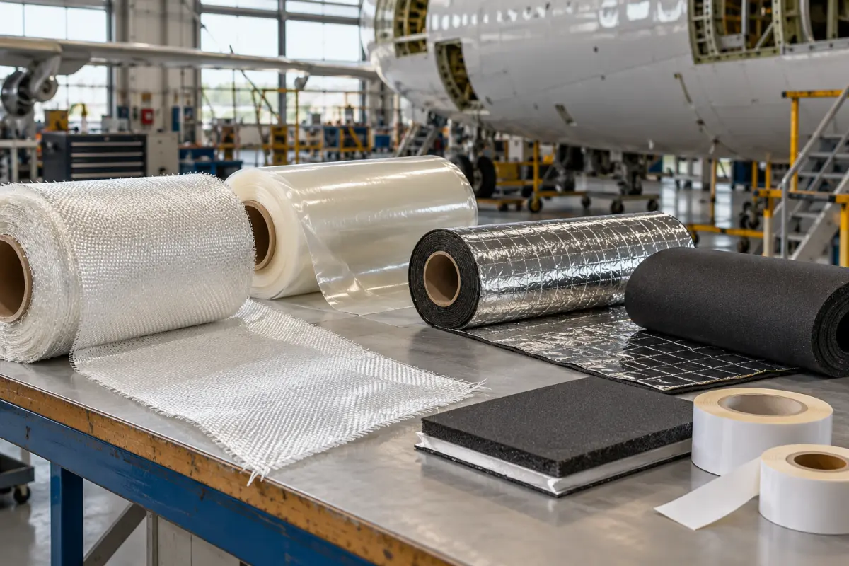 Assorted aerospace tape rolls on a maintenance workbench beside an aircraft