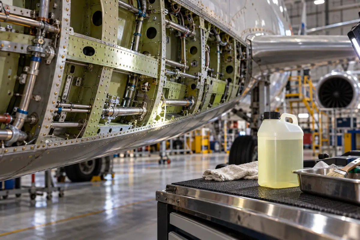 Exposed aircraft airframe structure beside an unmarked liquid container in a maintenance hangar
