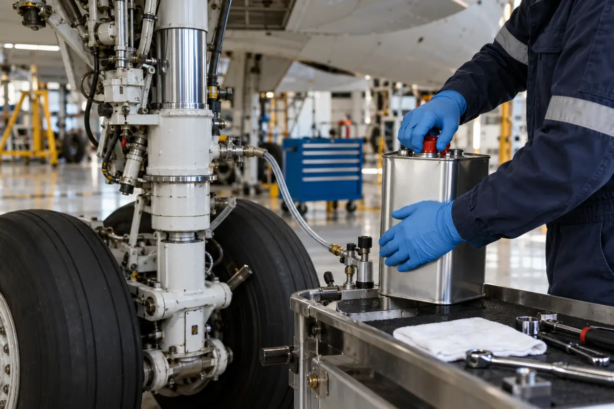 Unbranded hydraulic fluid container beside an aircraft landing gear shock strut in a maintenance hangar