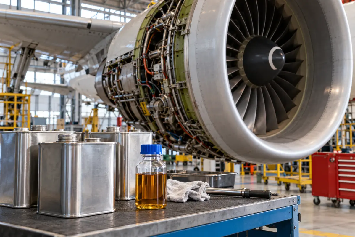 Unbranded turbine oil containers on a hangar workbench beside an aircraft engine