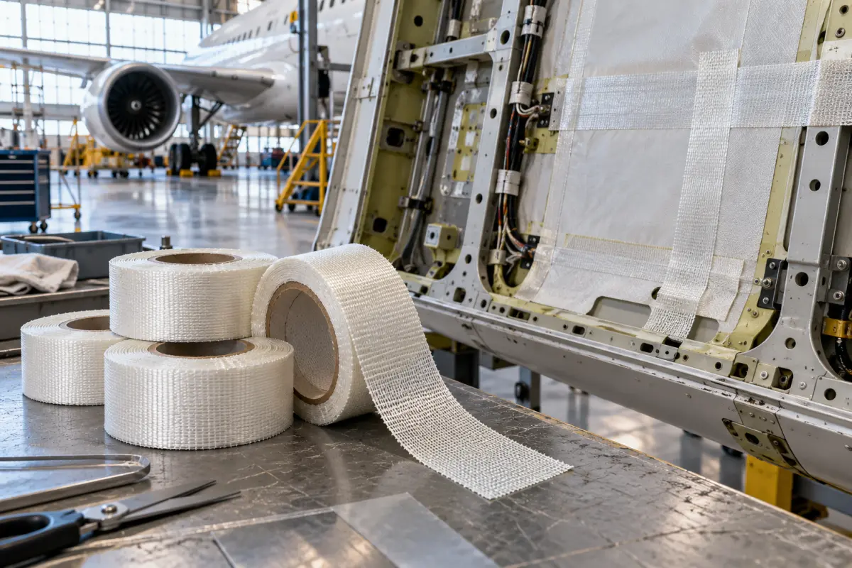 Rolls of glass cloth tape beside an aircraft interior panel in a maintenance hangar