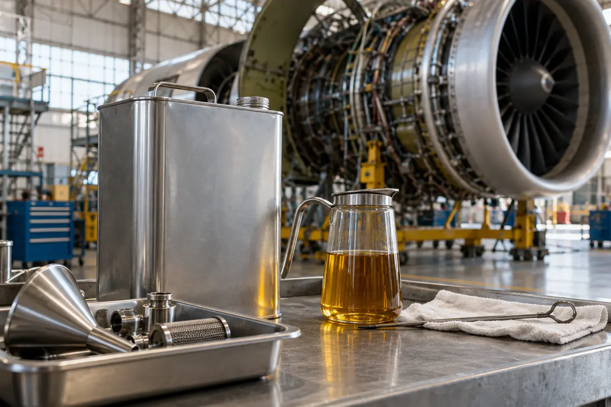 Unbranded turbine oil container on a hangar workbench near an aircraft gas turbine engine