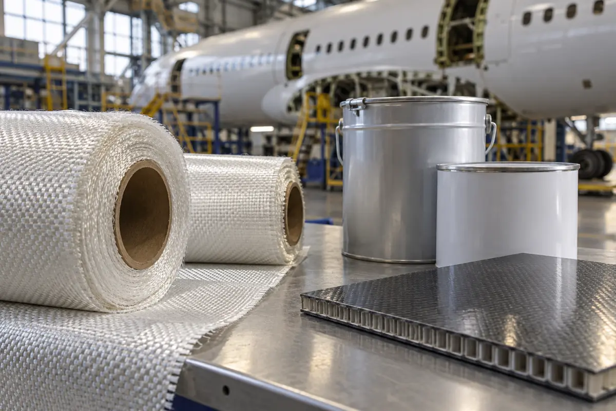 Fiberglass fabric and aerospace material containers on a workbench in an aircraft hangar