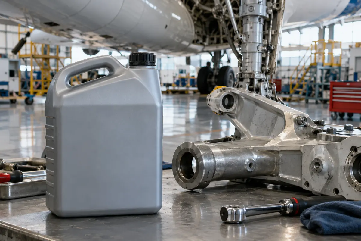 Unbranded aviation lubricant container beside an aircraft component on a hangar workbench