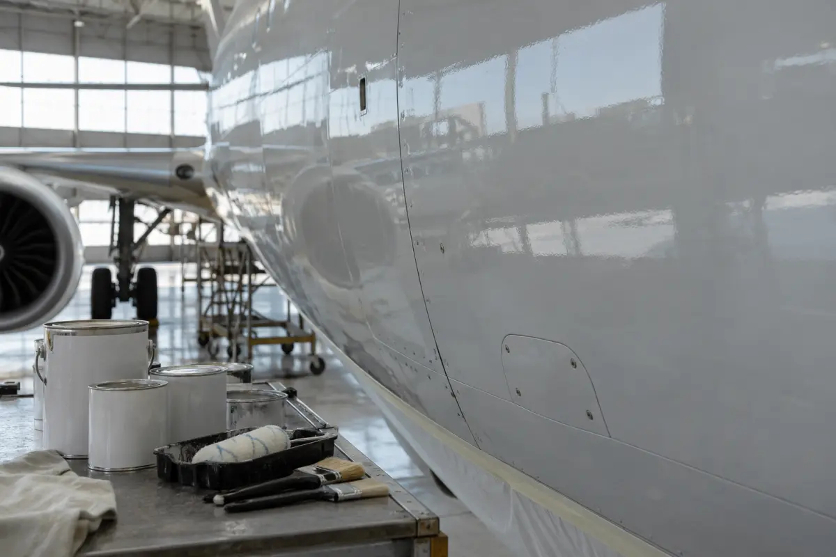 Aircraft fuselage panel with a finished topcoat in a maintenance hangar