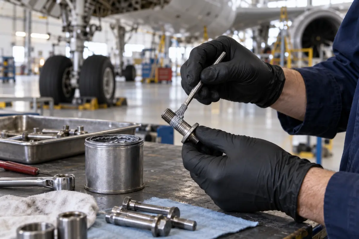 Anti-seize compound being applied to a metal fastener in an aircraft maintenance hangar
