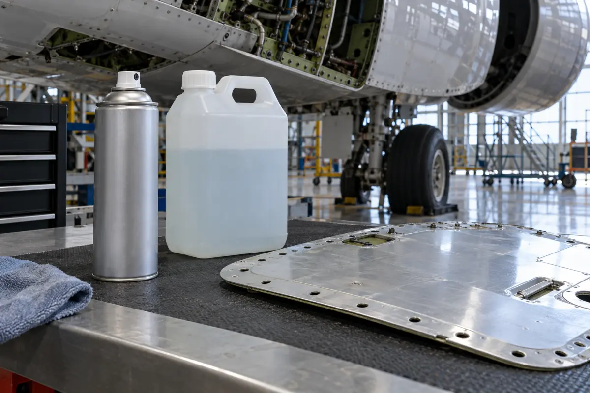 Unmarked liquid container and aerosol can beside an aircraft metal panel in a maintenance hangar