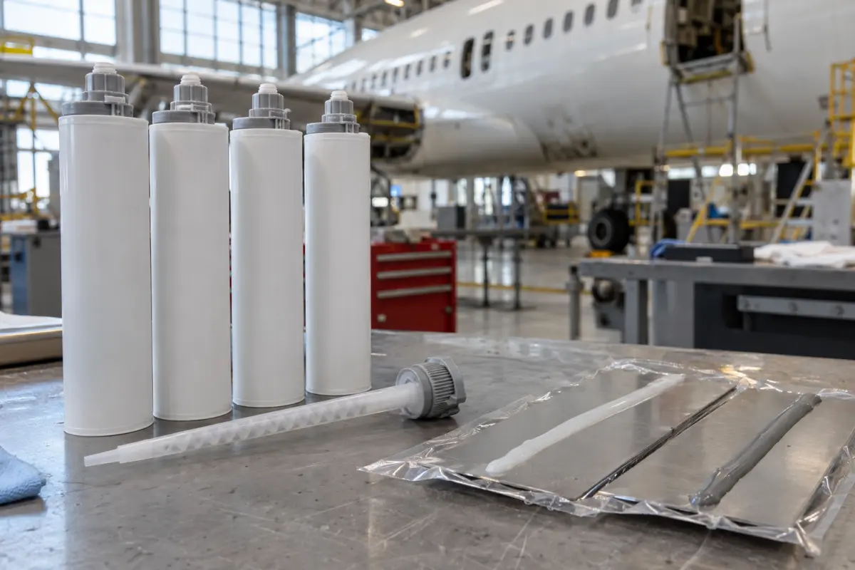 Unmarked aircraft sealant cartridges and test coupons on a hangar workbench