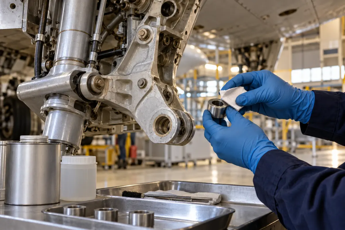 Aircraft component and unlabeled lubricant containers on a maintenance bench in a hangar