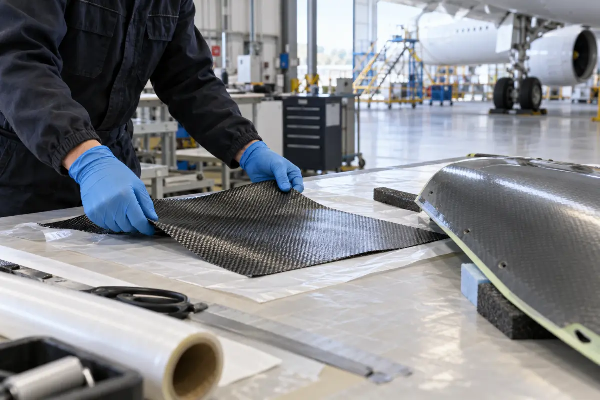 Gloved technician handling woven composite prepreg beside an aircraft panel in a repair lab